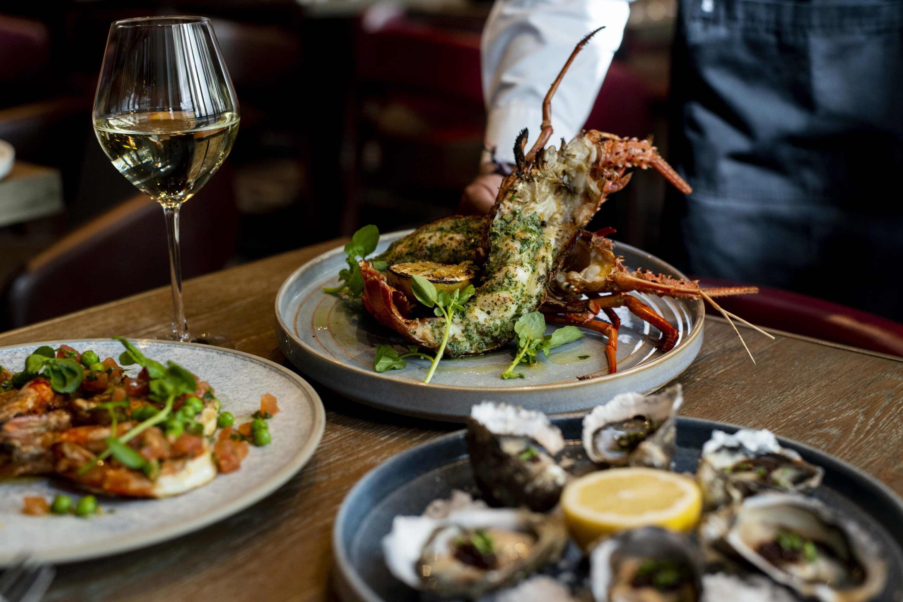 Seafood cooked on the custom flame grill